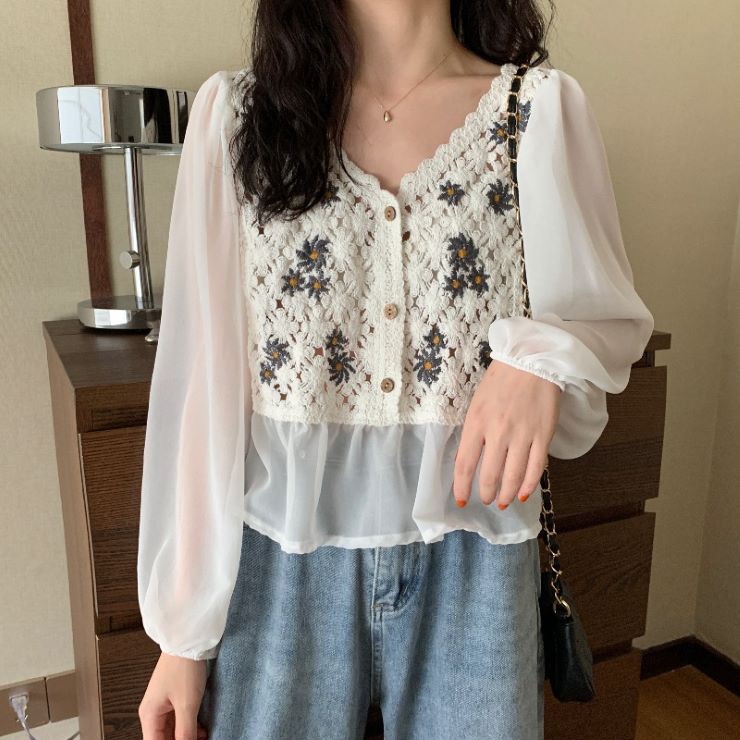 花柄刺繍ブラウス ■ ブラウス シャツ セレブ オフィス blouse OL トップス 通勤 かわいい 大人 レディース 長袖 柄物 花柄 秋 冬