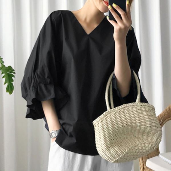 ゆったりVネックカジュアルブラウス ■ ブラウス シャツ ブラウス セレブ オフィス blouse 