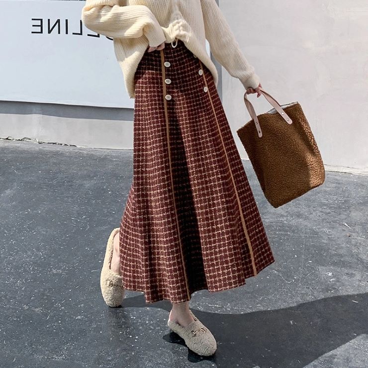 Rakuten - チェック柄ハイウエストロングスカート ■ スカート すかーと Skirt スカート ミディアム 膝丈 ひざ丈 膝上 ひざ上 膝下 ひざ下