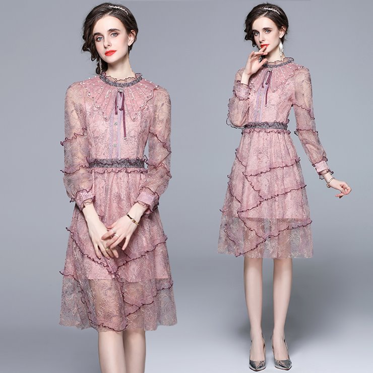 スタンドカラーボウタイレースワンピース ■ ワンピース ドレス ドレス 二次会 結婚式 大人 上品 入園式 卒業式 入学式 OL レディース 春 夏 秋 冬