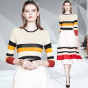 ボーダーニットプリーツスカートセット ■ ニット Knit トップス セーター Sweater レディース 春 夏 秋 冬