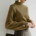 ゴールド釦袖リブニット ■ ニット Knit トップス セーター Sweater レディース 長袖 秋 冬
