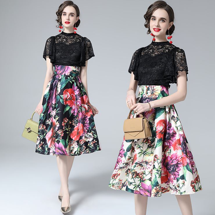 ラッフルレーストップ花柄スカートセット ■ スカート すかーと Skirt スカート ミディアム 膝丈 ひざ丈 膝上 ひざ上 膝下 ひざ下 レディース 春 夏 秋 冬のサムネイル