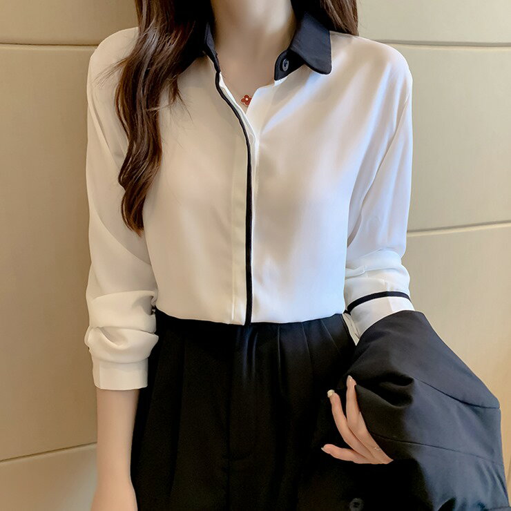コントラストデザイン長袖シャツブラウス ■ ブラウス シャツ blouse OL オフィス セレブ 