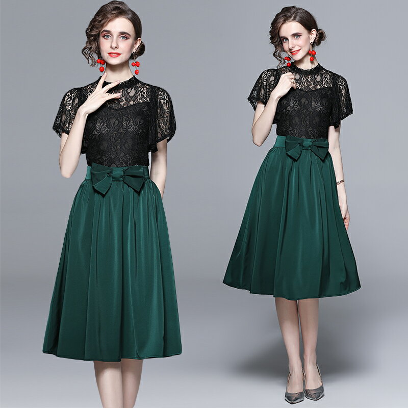 半袖レースリボンベルトミディ丈スカ...