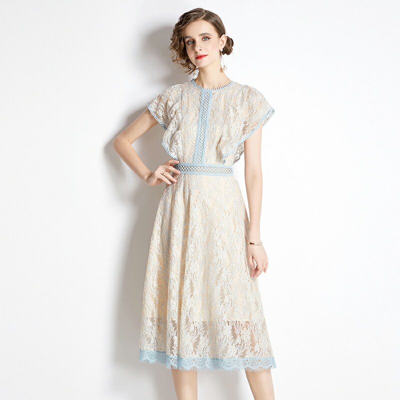 ラッフルスリーブ総レースミディワンピース ■ ワンピース 結婚式 ドレス 結婚式 二次会 入園式 卒業式 大人 上品 入学式 OL