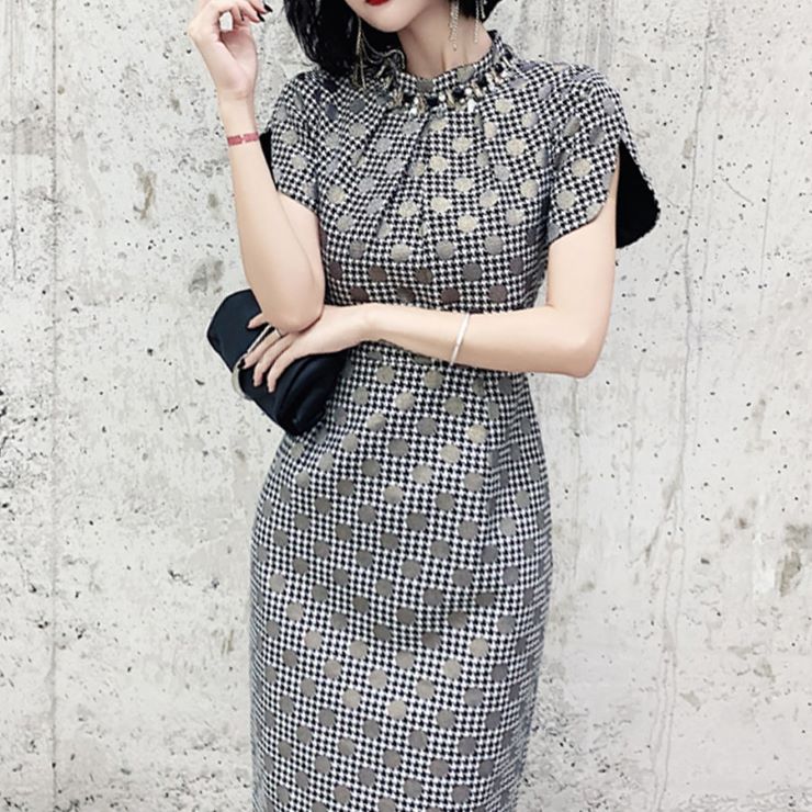 ドット千鳥格子タイトワンピース ■ パーティードレス ワンピース 結婚式 披露宴 卒業式 入学式 発表会 二次会 フォーマル 20代 30代 40代 大人
