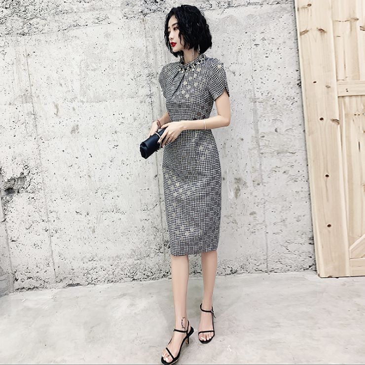 ドット千鳥格子タイトワンピース ■ パーティードレス ワンピース 結婚式 披露宴 卒業式 入学式 発表会 二次会 フォーマル 20代 30代 40代 大人