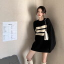 ロングバイカラーニット ■ ニット Knit トップス セーター Sweater レディース 長袖 秋 冬