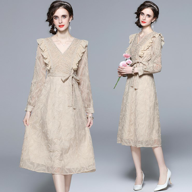 ラッフルフロント長袖ロングワンピース ■ ワンピース 結婚式 ドレス 結婚式 二次会 入園式 卒業式 大人 上品 入学式 OL レディース 春 夏 秋 冬