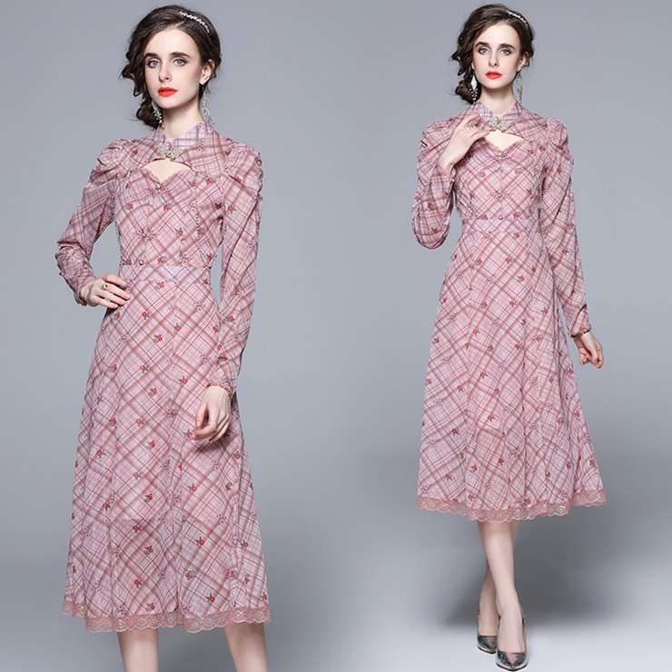 チェック花柄長袖ロングワンピース ■ ワンピース ドレス ドレス 二次会 結婚式 大人 上品 入園式 卒業式 入学式 OL レディース 春 夏 秋 冬