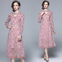 チェック花柄長袖ロングワンピース ■ ワンピース ドレス ドレス 二次会 結婚式 大人 上品 入園式 卒業式 入学式 OL レディース 春 夏 秋 冬