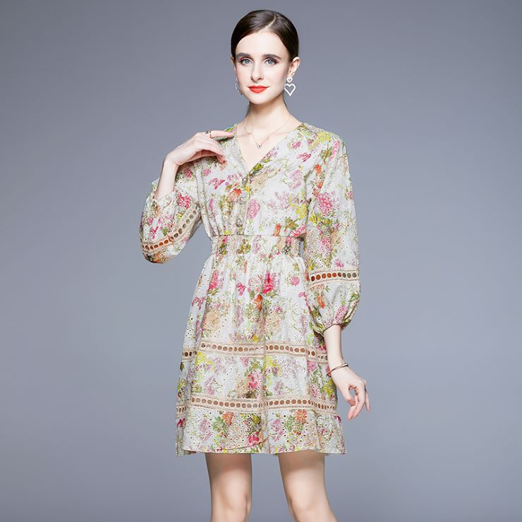 長袖花柄ミニ丈ラッフルワンピース ■ ワンピース ワンピ 入学式 結婚式 入園式 卒業式 二次会 OL オフィス