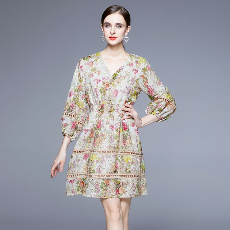 長袖花柄ミニ丈ラッフルワンピース ■ ワンピース ワンピ 入学式 結婚式 入園式 卒業式 二次会 OL オフィス