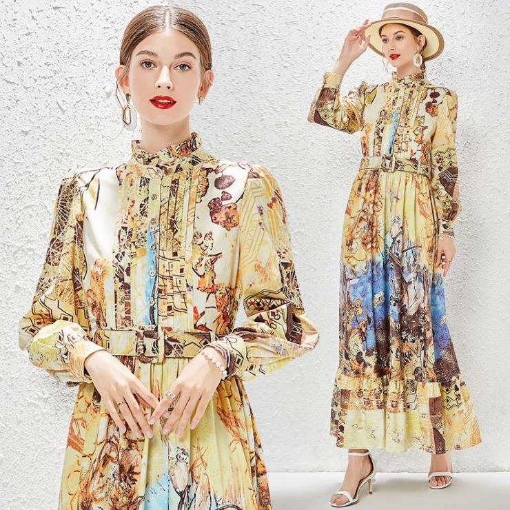 長袖花柄ベルテッドマキシ丈ワンピース ■ ワンピース 結婚式 ドレス 結婚式 二次会 入園式 卒業式 大人 上品 入学式 OL レディース 春 夏 秋 冬