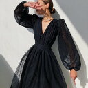 バルーンスリーブドット柄シアーワンピース ■ ワンピース 結婚式 ワンピ 二次会 入学式 入園式 卒業式 大人 上品 OL レディース 春 夏 秋 冬