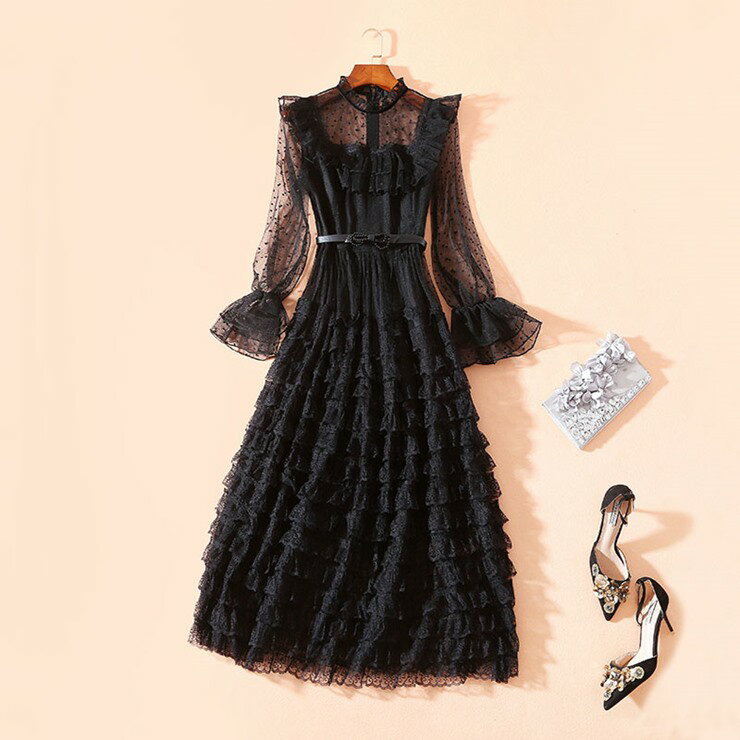 スタンドカラー長袖ラッフルワンピース ■ パーティードレス 結婚式 ワンピース フォーマル 披露宴 卒業式 入学式 発表会 二次会 20代 30代 40代 大人...