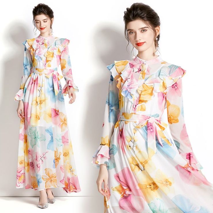 フラワープリント長袖シフォンワンピース ■ ワンピース ワンピ 入学式 結婚式 入園式 卒業式 二次会 OL オフィス レディース 春 夏 秋 冬