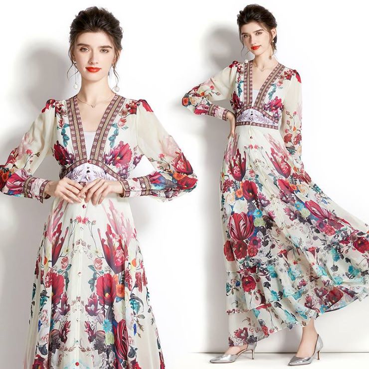 長袖Vネックマキシシフォンワンピース ■ ワンピース 結婚式 ワンピ 二次会 入学式 入園式 卒業式 大人 上品 OL レディース 春 夏 秋 冬