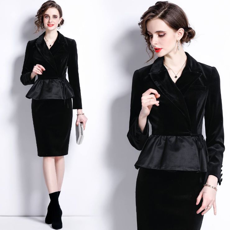 長袖ベロアタイトスカートスーツ ■ レディース 春 夏 秋 冬