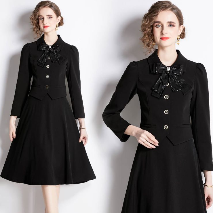 リボン飾りAラインスカートスーツ ■ レディース 春 夏 秋 冬