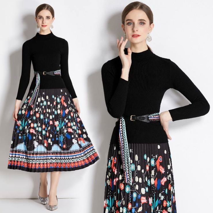 フラワープリントプリーツスカートセット ■ ニット Knit トップス セーター Sweater レディース 春 夏 秋 冬