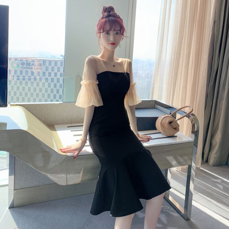 シースルー袖切替ワンピース ■ パーティードレス ワンピース 結婚式 披露宴 卒業式 入学式 発表会 二次会 フォーマル 20代 30代 40代 大人