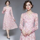ブイネックピンク水彩花柄ワンピース ■ ワンピース ドレス ドレス 二次会 結婚式 大人 上品 入園式 卒業式 入学式 OL レディース 春 夏 秋 冬