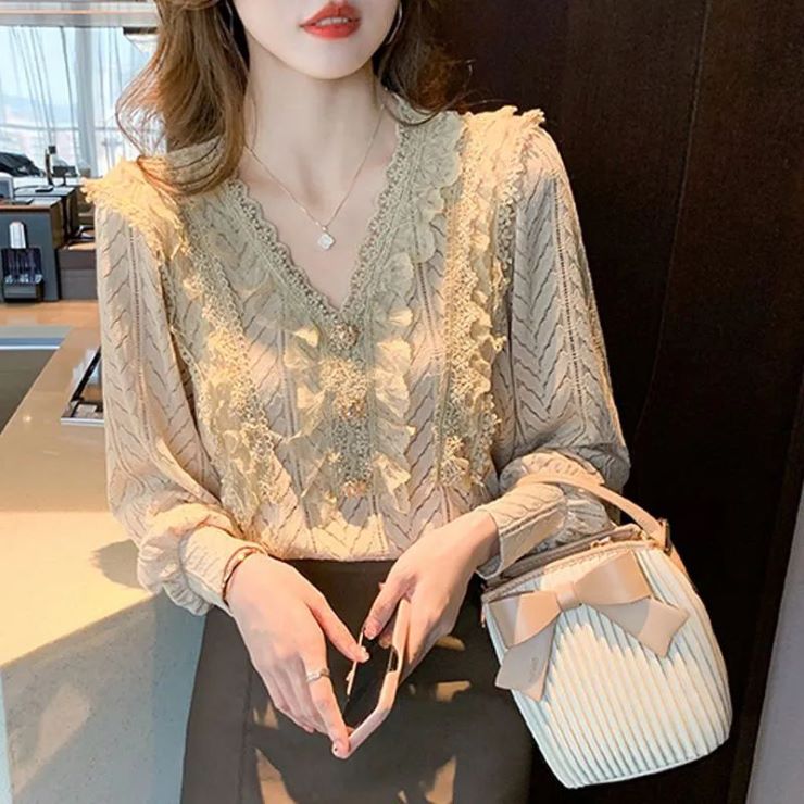 Vネックレースブラウス ■ ブラウス シャツ blouse OL オフィス セレブ トップス 通勤 