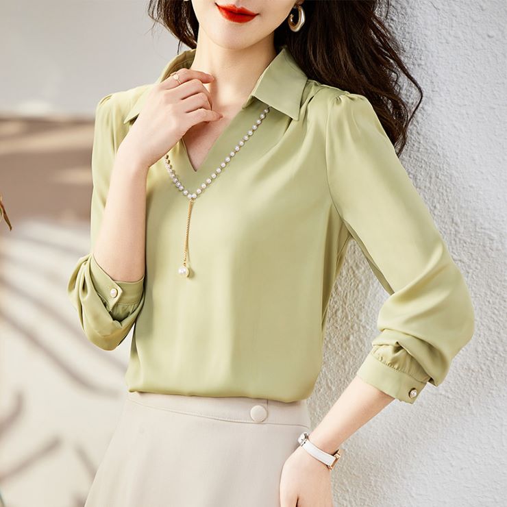ネックレス付き長袖Vネックシャツ ■ シャツ オフィス OL かわいい ブラウス セレブ トップス 通勤 大人 冷房 レディース 春 夏 秋 冬(4)
