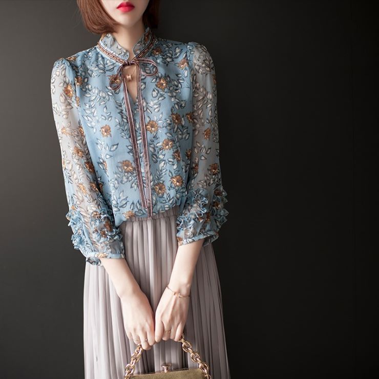 花柄ボウタイネックレトロシャツ ■ シャツ オフィス OL かわいい ブラウス セレブ トップス 通勤 大人 冷房