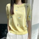 フラワー刺繍クルーネックニット ■ ニット Knit トップス セーター Sweater