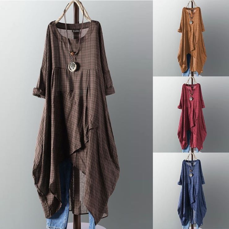 長袖チェックイレギュラーヘムチュニック ■ チュニック Tunic ブラウス シャツ チュニックワンピース トップス