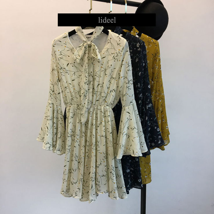 ラブリーで上品♪リボンタイ付きフラワーシフォンワンピース ■ ワンピース 結婚式 ドレス 結婚式 二次会 入園式 卒業式 大人 上品 入学式 OL レディース ミディアム丈 長袖 シフォン 花柄 リボン 秋 冬