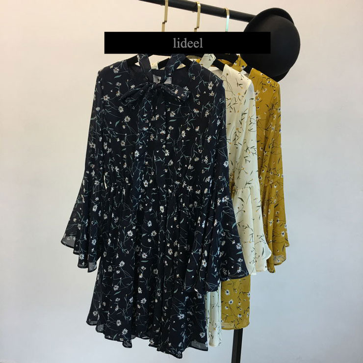 ラブリーで上品♪リボンタイ付きフラワーシフォンワンピース ■ ワンピース 結婚式 ドレス 結婚式 二次会 入園式 卒業式 大人 上品 入学式 OL レディース ミディアム丈 長袖 シフォン 花柄 リボン 秋 冬