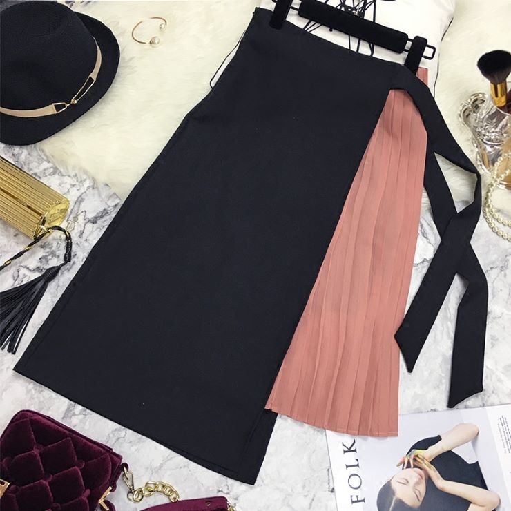 Rakuten - ミモレ丈異素材切替プリーツススカート ■ スカート すかーと Skirt スカート ミディアム 膝丈 ひざ丈 膝上 ひざ上 膝下 ひざ下
