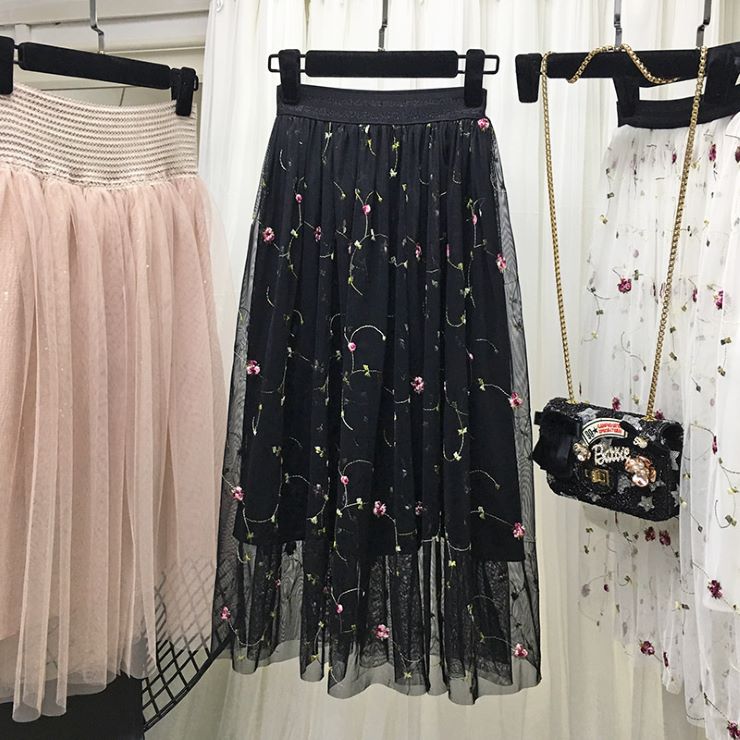 Rakuten - フラワー刺繍チュールスカート ■ スカート すかーと Skirt スカート ミディアム 膝丈 ひざ丈 膝上 ひざ上 膝下 ひざ下
