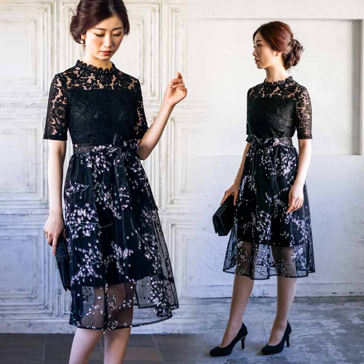 デートにぴったりの一着♪レーストップ×フラワースカートワンピース ■ ワンピース 結婚式 ワンピ 二次会 入学式 入園式 卒業式 大人 上品 OL パーティードレス ドレス フォーマル レディース ミディアム丈 5分袖・7分袖 花柄 レース 春 夏 秋 冬のサムネイル