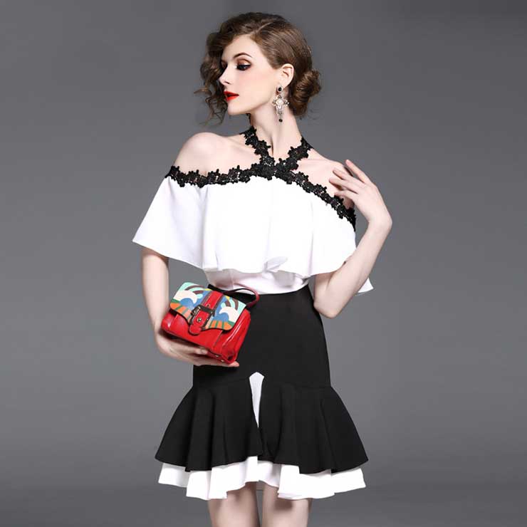 大胆なデザインが個性際立つ！オープンショルダーコンビワンピース ■ ワンピース 結婚式 ドレス 結婚式 二次会 入園式 卒業式 大人 上品 入学式 OL パーティードレス ドレス フォーマル レディース ショート丈 レース 春 夏 秋 冬