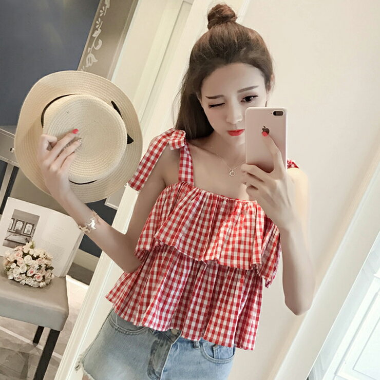 乐天商城 - リボンストラップがキュートなティアードキャミブラウス ■ ブラウス シャツ blouse OL オフィス セレブ トップス 通勤 かわいい 大人 レディース 柄物 チェック柄 春 夏