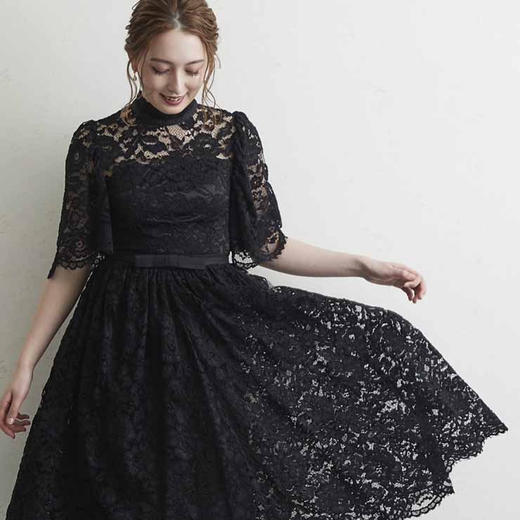 ふんだんなレースが豪華！総レース仕様フレアーワンピースドレス ■ ワンピース 入園式 ワンピ 結婚式 二次会 入学式 大人 上品 卒業式 OL パーティードレス ドレス フォーマル レディース ロング丈 ひざ下 5分袖・7分袖 レース 春 夏 秋 冬