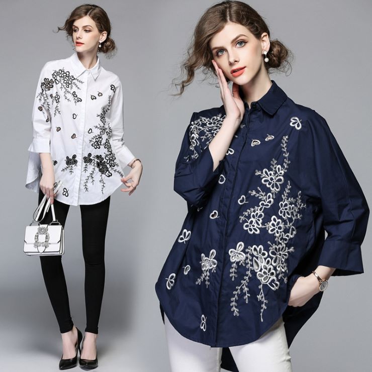 3-Quarter Sleeves - 刺繍入りシャツ ■ シャツ かわいい ブラウス セレブ オフィス OL トップス 冷房 通勤 大人 レディース 5分袖・7分袖 無地 刺繍 春 夏 秋 冬