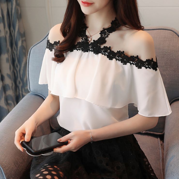 3-Quarter Sleeves - ショルダーオープンフリルブラウス ■ ブラウス シャツ blouse OL オフィス セレブ トップス 通勤 かわいい 大人 レディース 5分袖・7分袖 無地 レース 春 夏 秋 冬