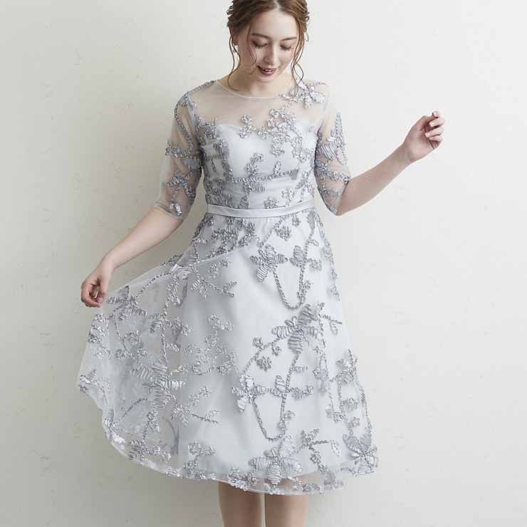 立体モチーフワンピース ■ パーティードレス ワンピース 結婚式 披露宴 卒業式 入学式 発表会 二次会 シースルー フォーマル 20代 30代 40代 大人 レディース ミディアム丈 ひざ丈 5分袖・7分袖 春 夏 秋 冬
