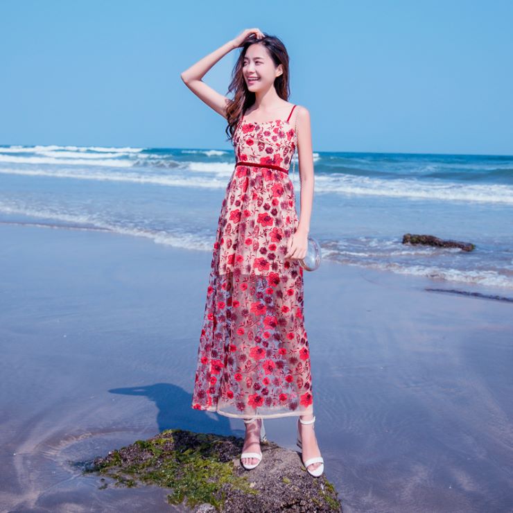 フラワー刺繍キャミソールロングワンピース ■ ワンピース ワンピ 入学式 結婚式 入園式 卒業式 二次会 OL オフィス レディース ロング丈 花柄 刺繍 春 夏 秋 冬