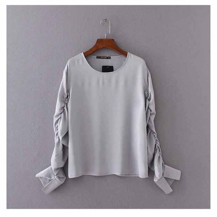 Rakuten - 袖シャーリングブラウス ■ シャツ ブラウス OL オフィス セレブ blouse トップス 通勤 かわいい 大人 レディース 長袖 無地 秋 冬
