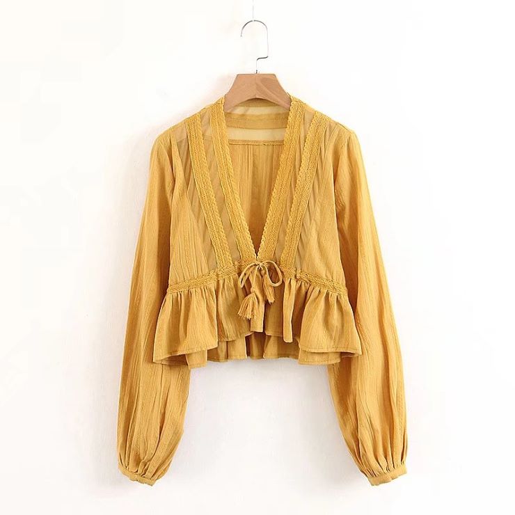 Other - Vネックレースブラウス ■ ブラウス シャツ セレブ オフィス blouse OL トップス 通勤 かわいい 大人 レディース 長袖 柄物 レース 秋 冬