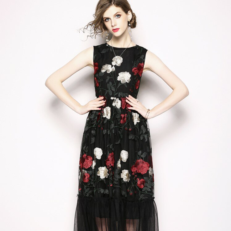 花柄刺繍チュールワンピース ■ ワンピース ドレス ドレス 二次会 結婚式 大人 上品 入園式 卒業式 入学式 OL レディース ミディアム丈 花柄 刺繍 春 ...