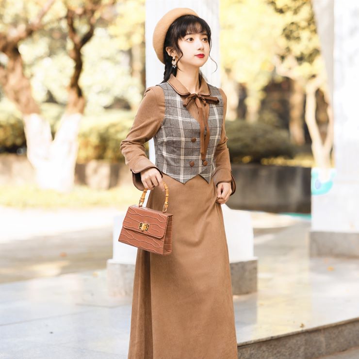 Rakuten - 格子ベスト&レトロワンピース ■ レディース ロング丈 柄物 春 夏 秋 冬