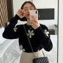 ラウンドネック花飾りニット ■ ニット Knit トップス セーター Sweater レディース 春 夏 秋 冬